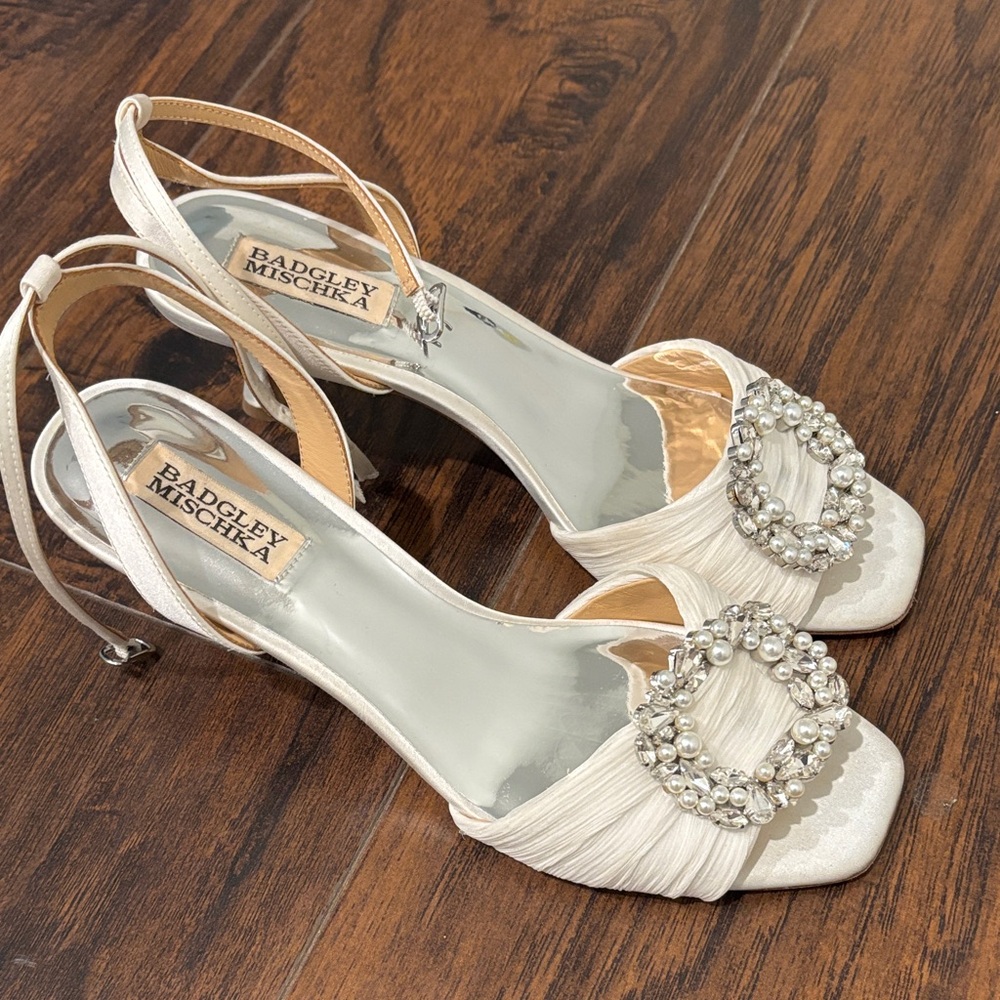 Badgley Mischka Ivory Satin Heels with Crystal Embellishment